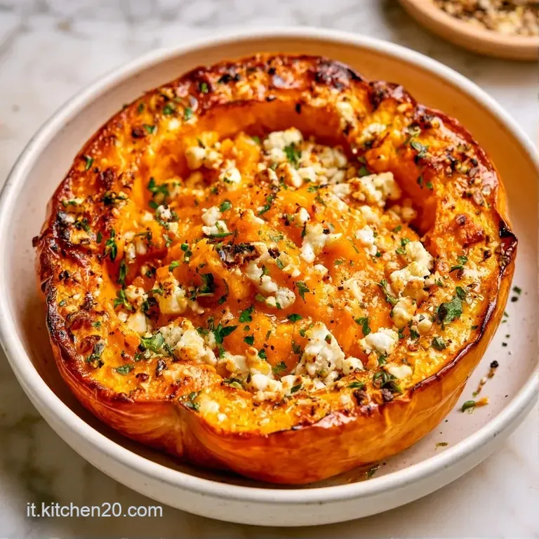 Porzione di zucca ripiena su piatto bianco, decorata con erbe aromatiche fresche e una leggera spolverata di formaggio.