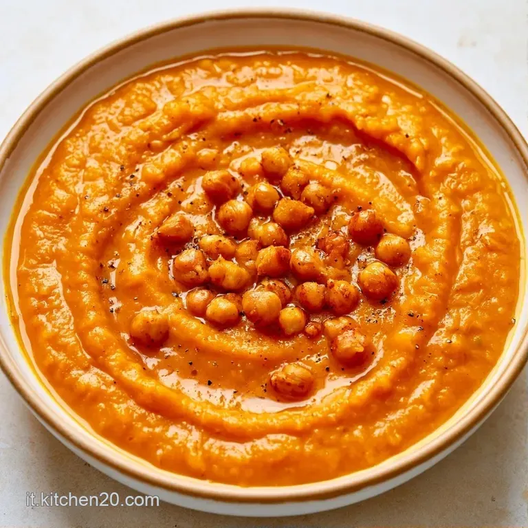 Composizione elegante di crema di zucca densa con ceci dorati disposti a cerchio e un tocco di erbe verdi aromatiche.
