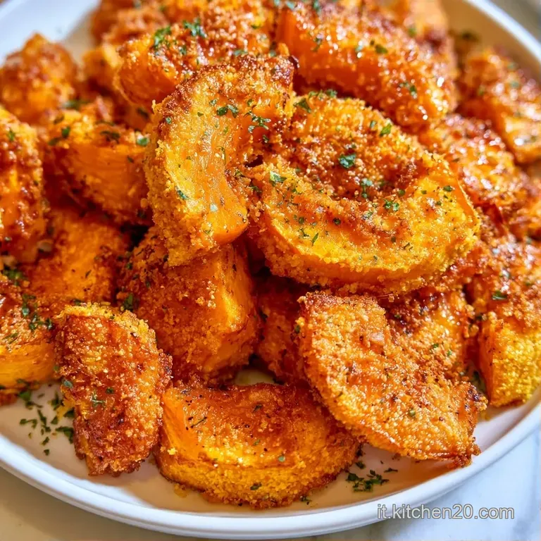 Due fette di zucca gratinata disposte con cura, decorate con prezzemolo fresco su un piatto di ceramica grigia.