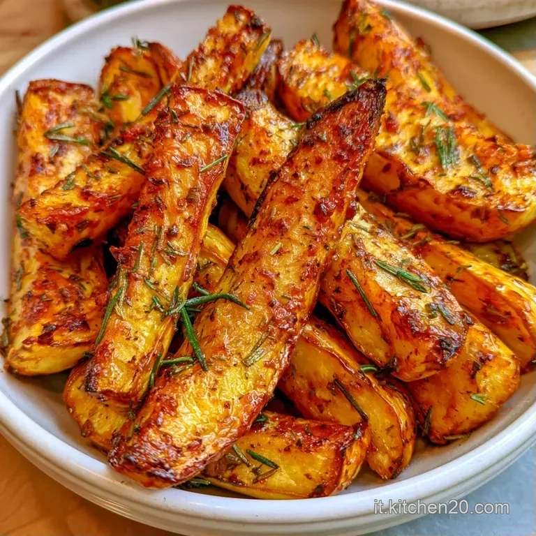 Fette di zucca dorata disposte con cura su un piatto bianco, lucide di caramello con un tocco di erbe verdi fresche.