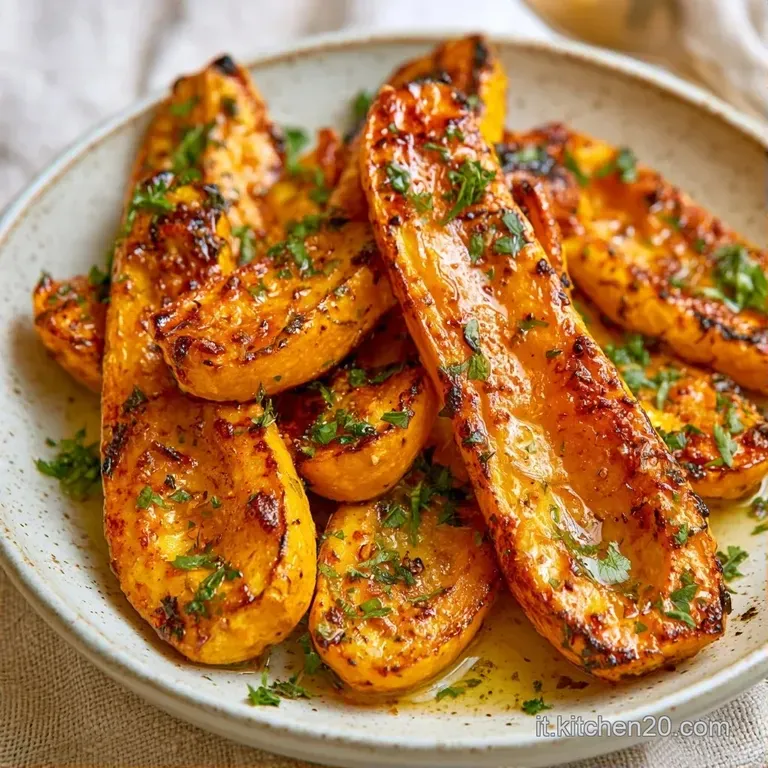 Fette di zucca dorate disposte con cura in un piatto bianco, lucide per l'olio e decorate con erbe aromatiche verdi.
