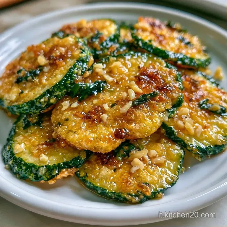 Zucchine fritte croccanti disposte a spirale, decorate con mentuccia verde brillante e gocce di condimento trasparente.