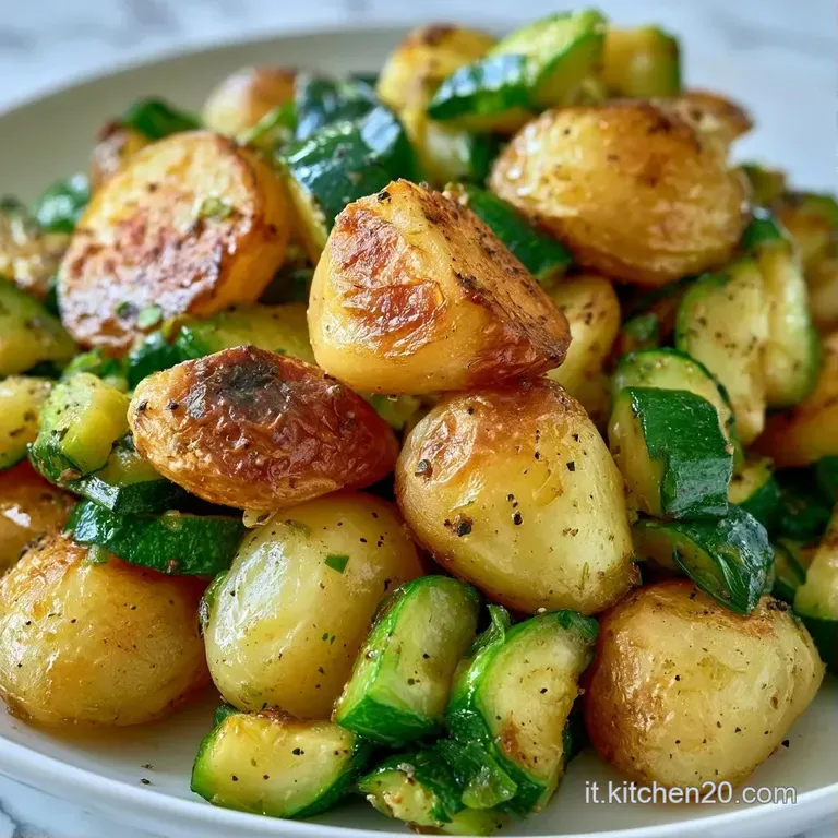 Cubetti di verdure dorate disposti con cura su un piatto bianco, decorati con erbe aromatiche e un filo d'olio lucido.