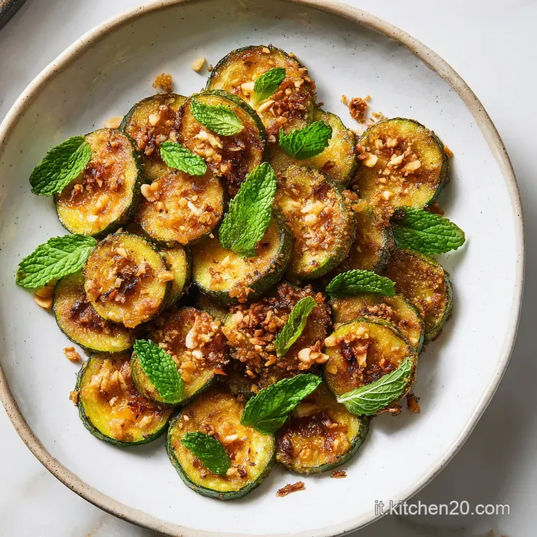 Zucchine tenere e lucide disposte con cura in un piatto bianco, guarnite con erbe fresche e pepe nero macinato grossolanam...