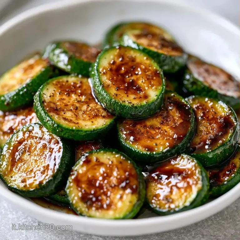 Disposizione elegante di zucchine marinate, lucide e tenere, ornate con foglioline di menta fresca su piatto chiaro.