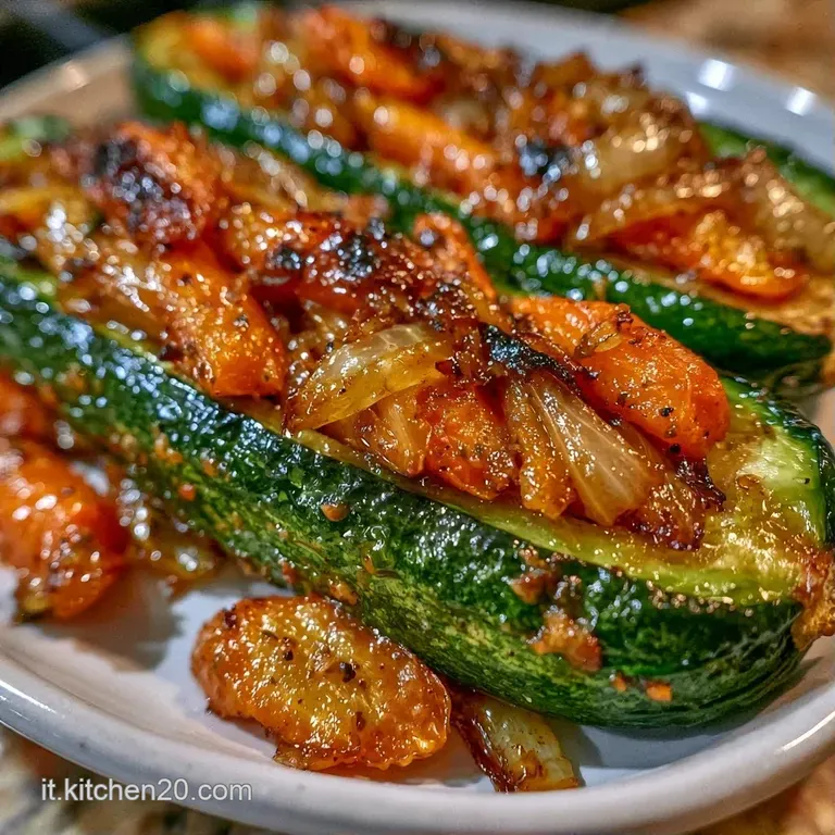 Due zucchine ripiene disposte con cura su un piatto in ceramica, decorate con prezzemolo fresco e un filo d'olio lucido.