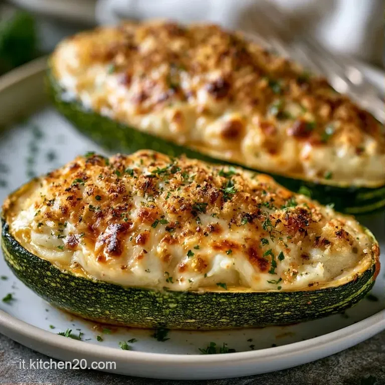 Tre zucchine ripiene e gratinate su un piatto ceramica, decorate con erbe fresche e un filo d'olio lucido e brillante.