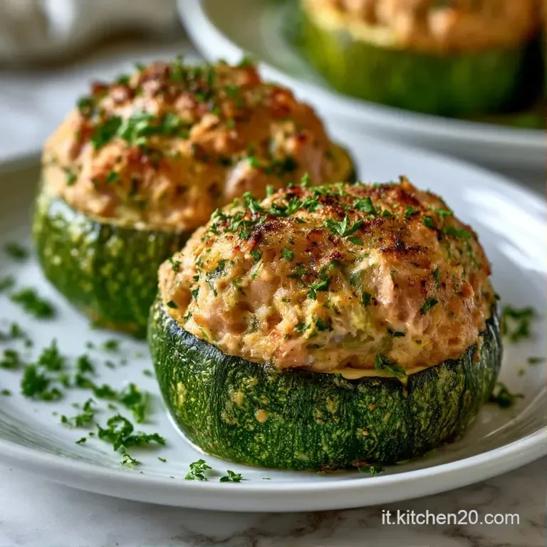 Due zucchine tonde dorate su un piatto di ceramica, decorate con foglie di prezzemolo fresco e olio lucido.