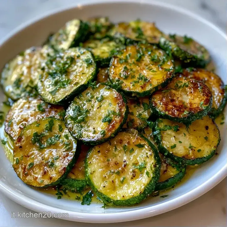 Zucchine saltate disposte con cura su un piatto piano, texture tenera e lucida, spolverate di erbe aromatiche verdi.