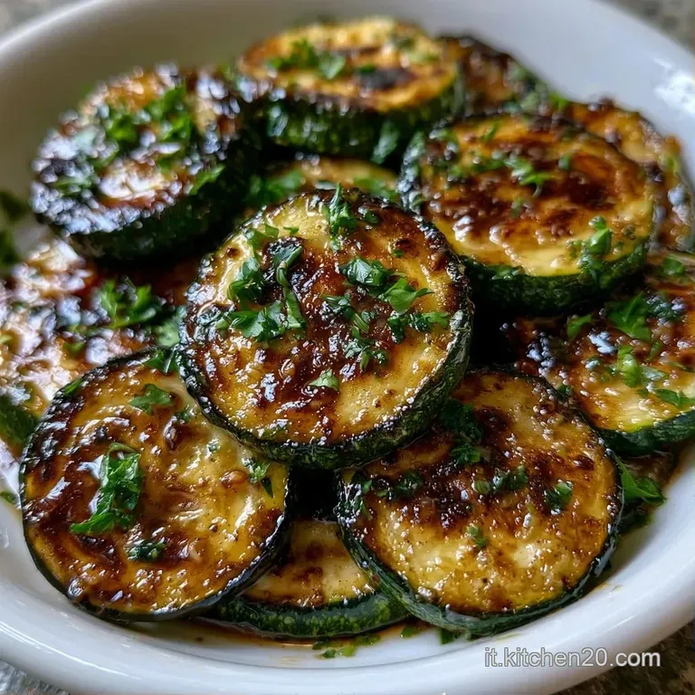 Porzione di zucchine tenere e lucide disposte con cura, guarnite con prezzemolo fresco e un filo d'olio dorato.