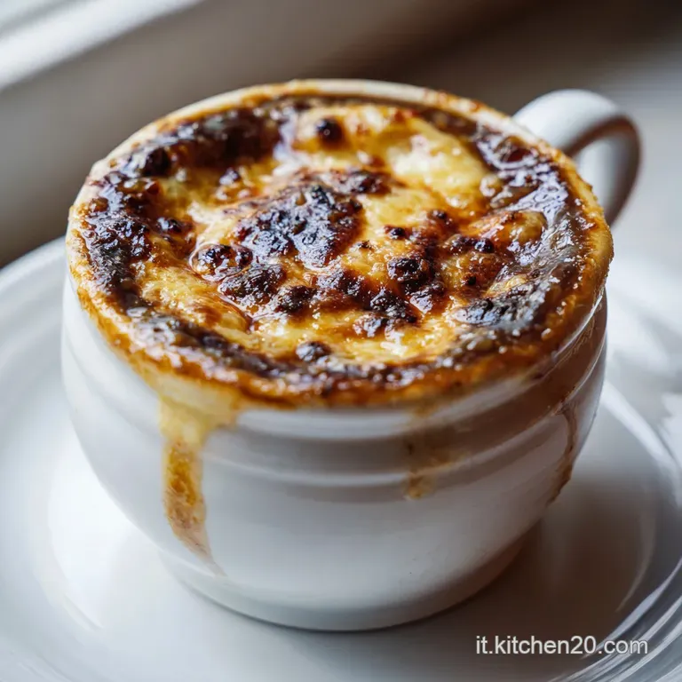 A rustic ceramic bowl filled with glistening, caramelized onions and melted Gruyere cheese, steam rising.
