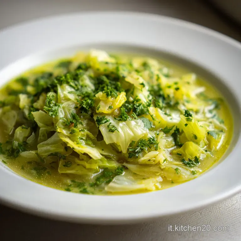 A vibrant serving of emerald cabbage soup, garnished with fresh herbs, drizzled olive oil, in a stylish white bowl.